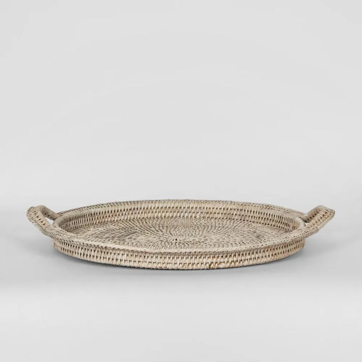 Paume Rattan Round Serving Tray with Handles White wash