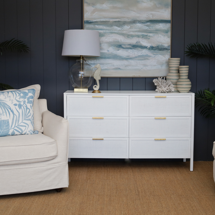 Santorini Hamptons 6 Drawer Timber/Rattan Dresser 140cm White