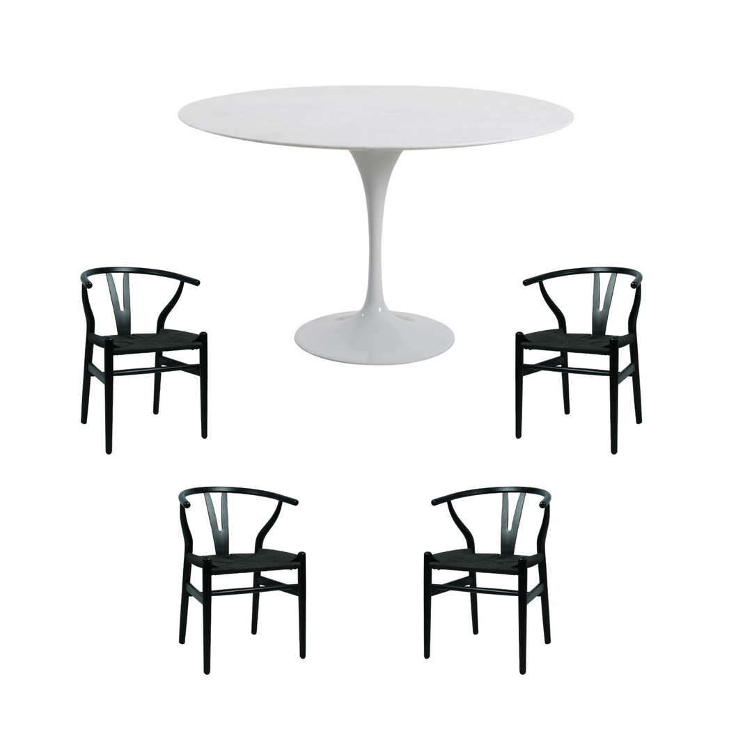 Aurora 5 Piece Dining Package -  Oval Dining Table Marble White 120cm and 4 x Atlas Black Dining Chairs