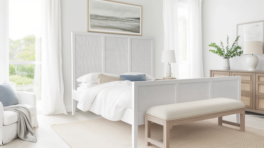 Santorini Hamptons Timber/Rattan Double Bed White