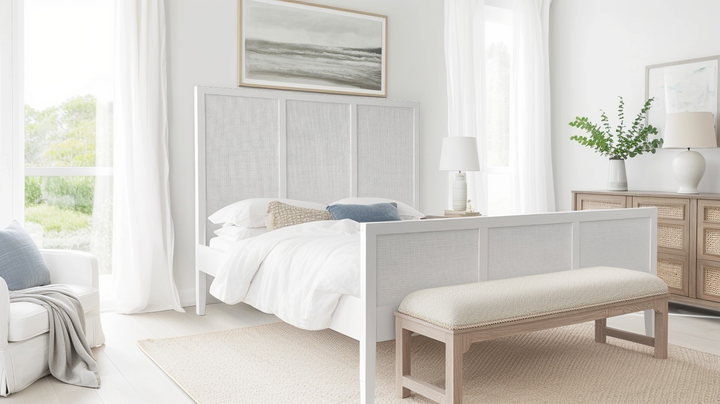 Santorini Hamptons Timber/Rattan Double Bed White