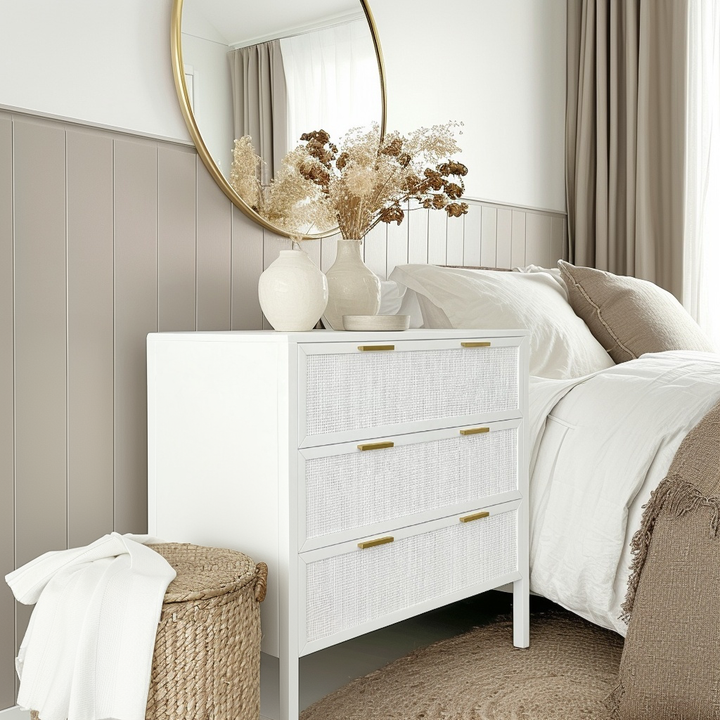 Santorini Hamptons 3 Drawer Timber/Rattan Dresser 100cm White
