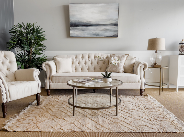 Vaucluse 2 Seat Hamptons Buttoned Sofa Beige Linen Blend