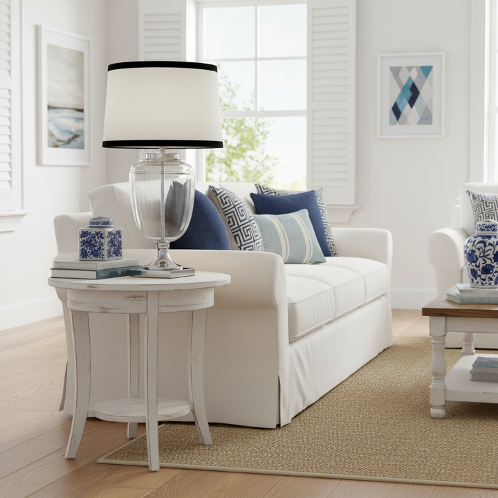 Charlotte Glass and Nickel Lamp with White Linen Shade (Black Trim) - Lamp Base & Shade