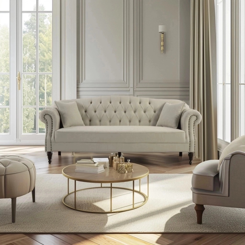 Vaucluse 3 Seat Hamptons Buttoned Sofa Beige Linen Blend