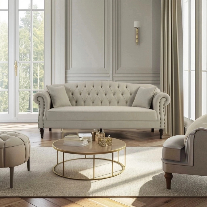 Vaucluse 3 Seat Hamptons Buttoned Sofa Beige Linen Blend