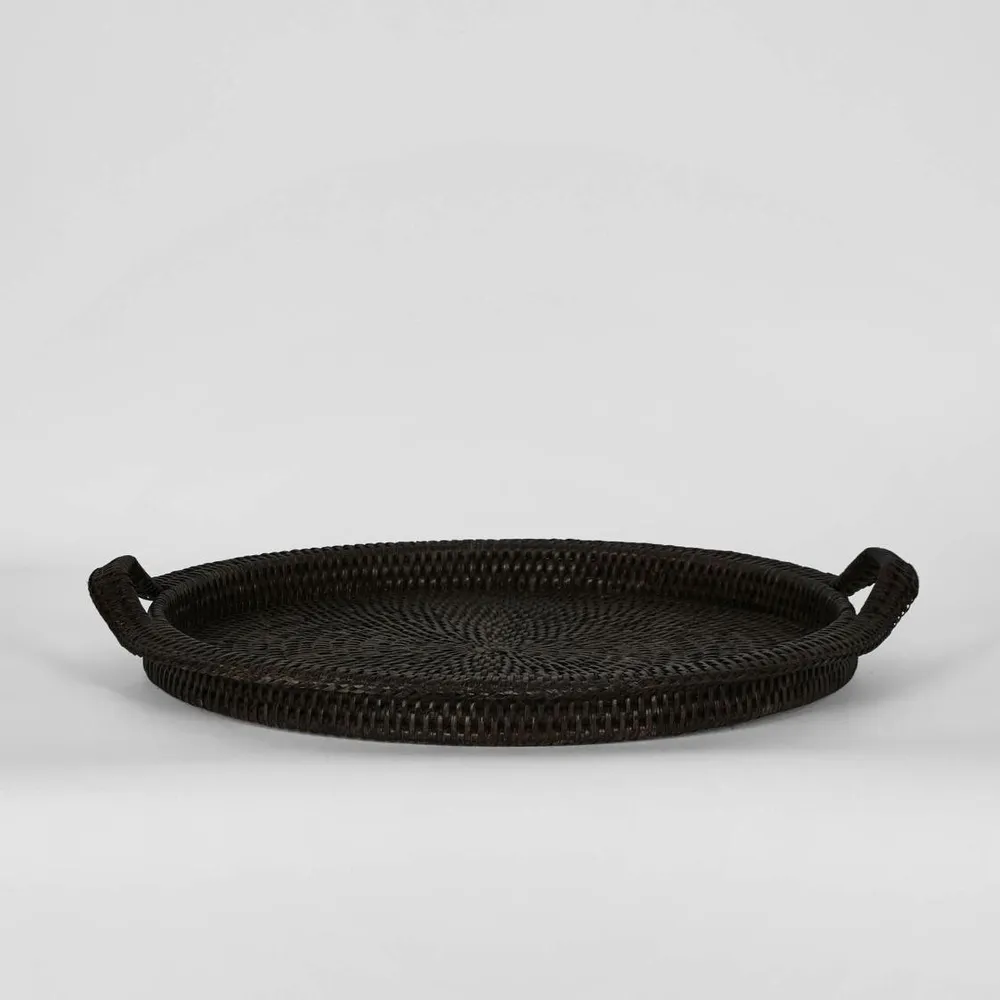 Paume Rattan Round Serving Tray with Handles Black