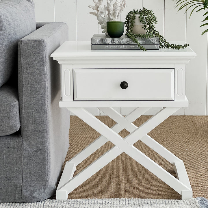 Sorrento Cross Leg Hamptons Side Table W/Drawer White