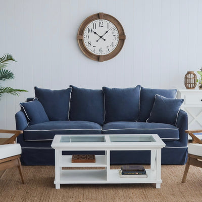 Noosa Hamptons 3 Seat Sofa Navy W/White Piping Linen Blend