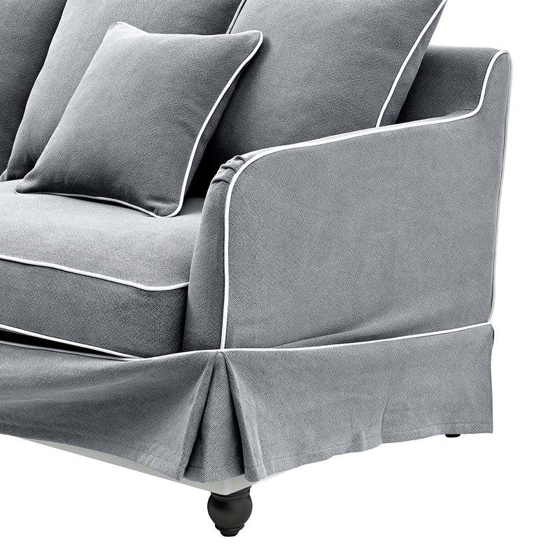 Noosa Hamptons 3 Seat Sofa Grey W/White Piping Linen Blend