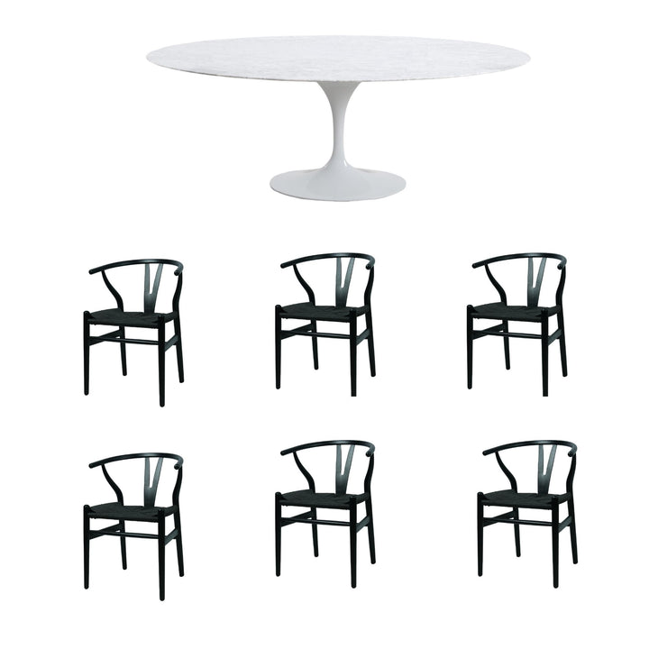 Aurora  7 Piece Dining Package -  Oval Dining Table Marble White 200cm and 6 x Atlas Black Dining Chairs