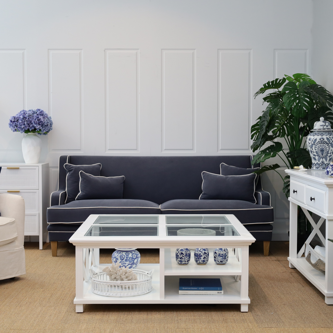 Bondi Hamptons 3 Seat Sofa Navy W/White Piping