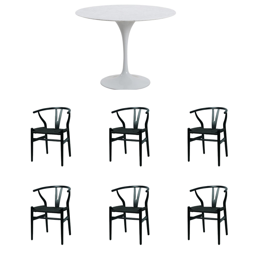 Aurora 7 Piece Dining Package -  Round Dining Table Marble White 100cm and 6 x Atlas Black Dining Chairs