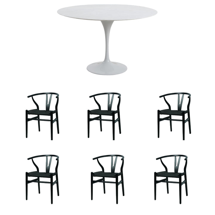 Aurora 7 Piece Dining Package - Round Dining Table Marble White 120cm and 6 x Atlas Black Dining Chairs