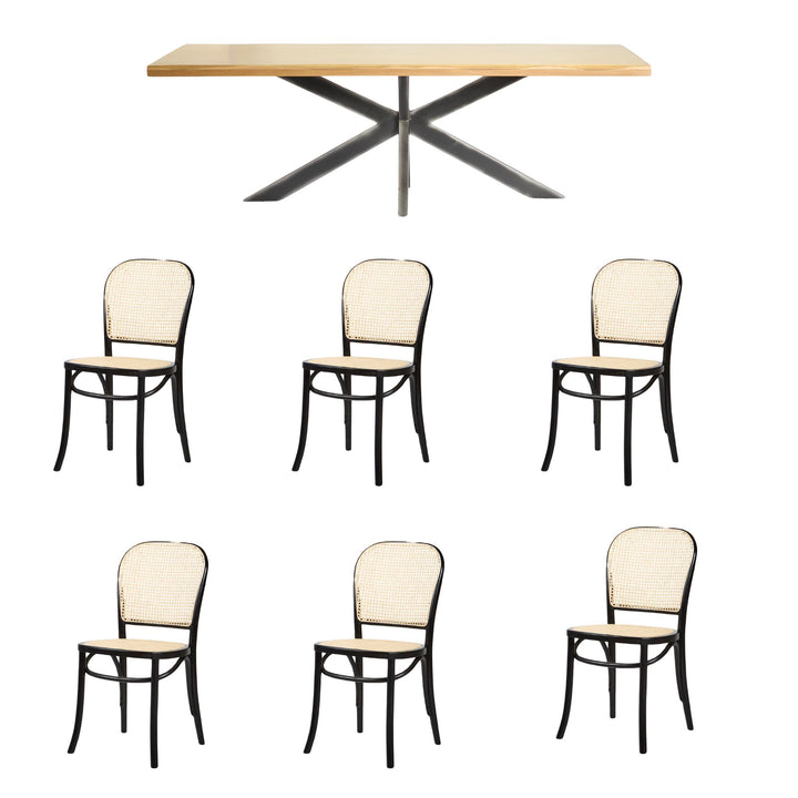 Wainscott  7 Piece Dining Package - Table Ash 240cm and 6 x Nook Dining Chair Black Frame Natural Seat