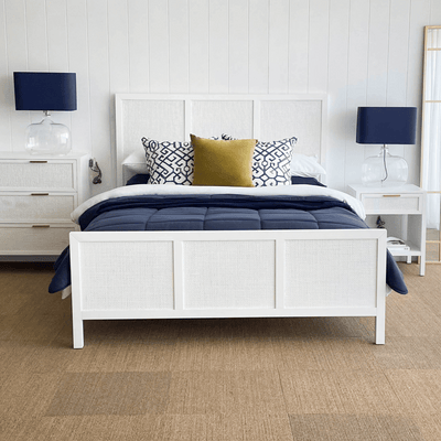 Santorini Hamptons Timber/Rattan Queen Bed White
