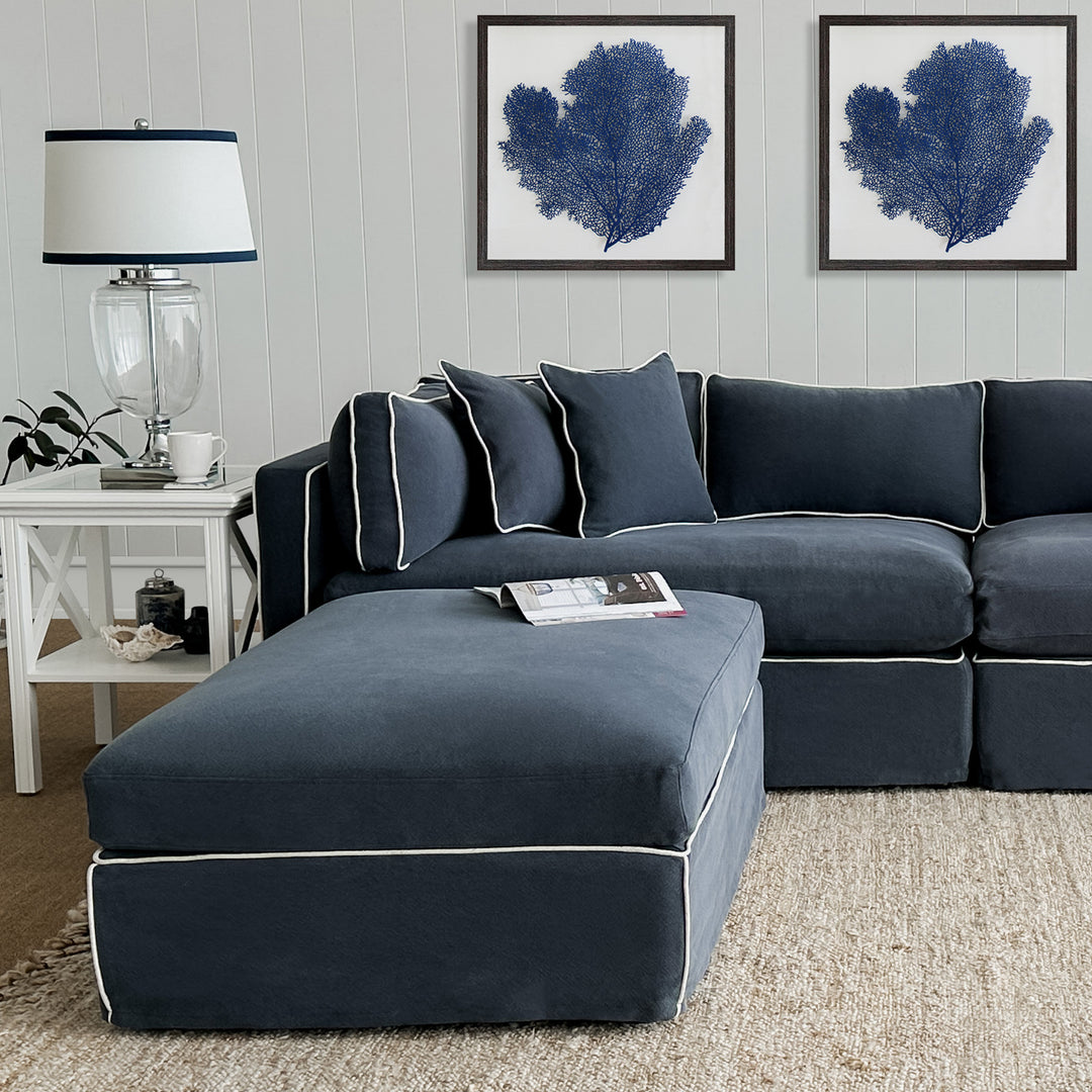 Marbella Ottoman Navy W/White Piping