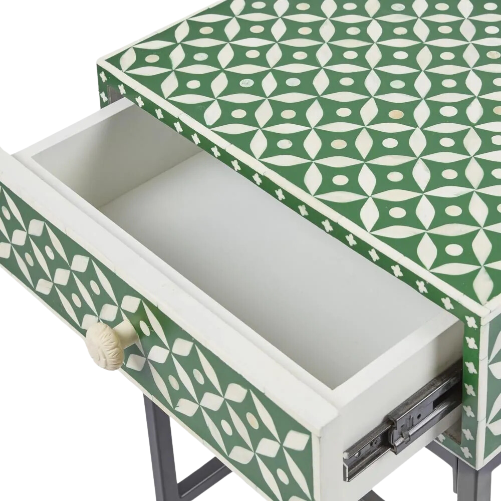 Stella Bone Inlay Bedside Table Green/White