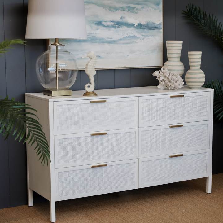 Santorini Hamptons 6 Drawer Timber/Rattan Dresser 140cm White