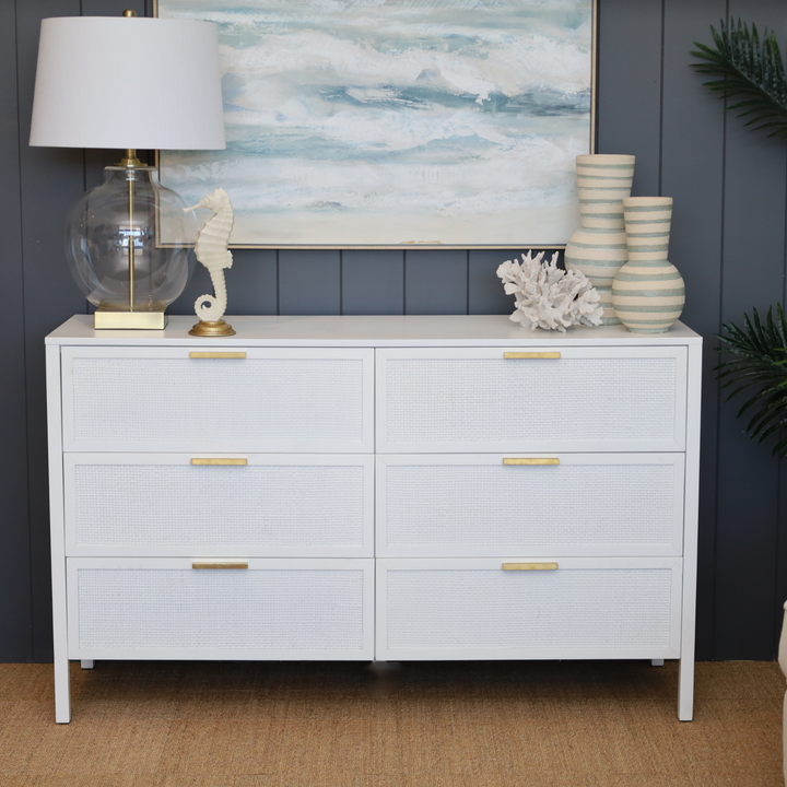 Santorini Hamptons 6 Drawer Timber/Rattan Dresser 140cm White