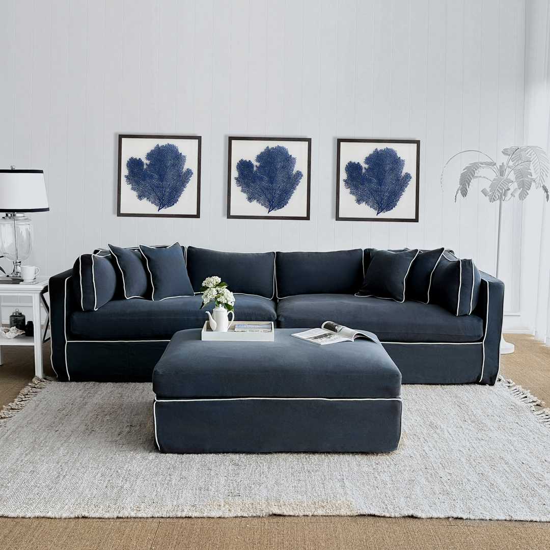 Marbella 4 Seat Sofa Navy W/White piping