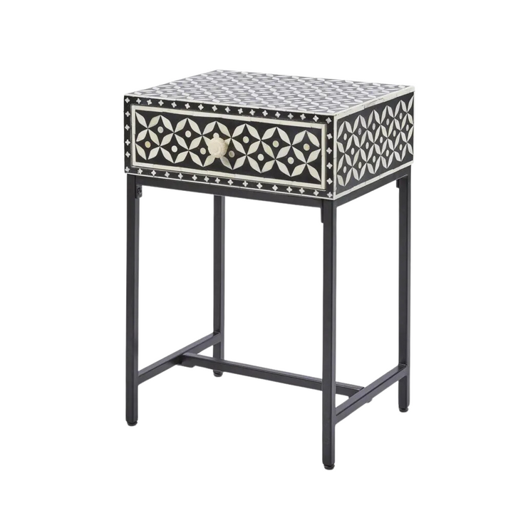 Stella Bone Inlay Bedside Table Black/White/Black Base