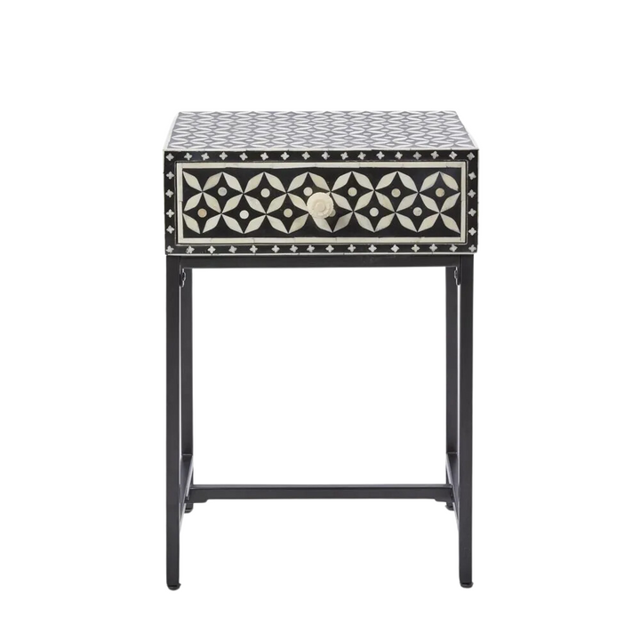 Stella Bone Inlay Bedside Table Black/White/Black Base