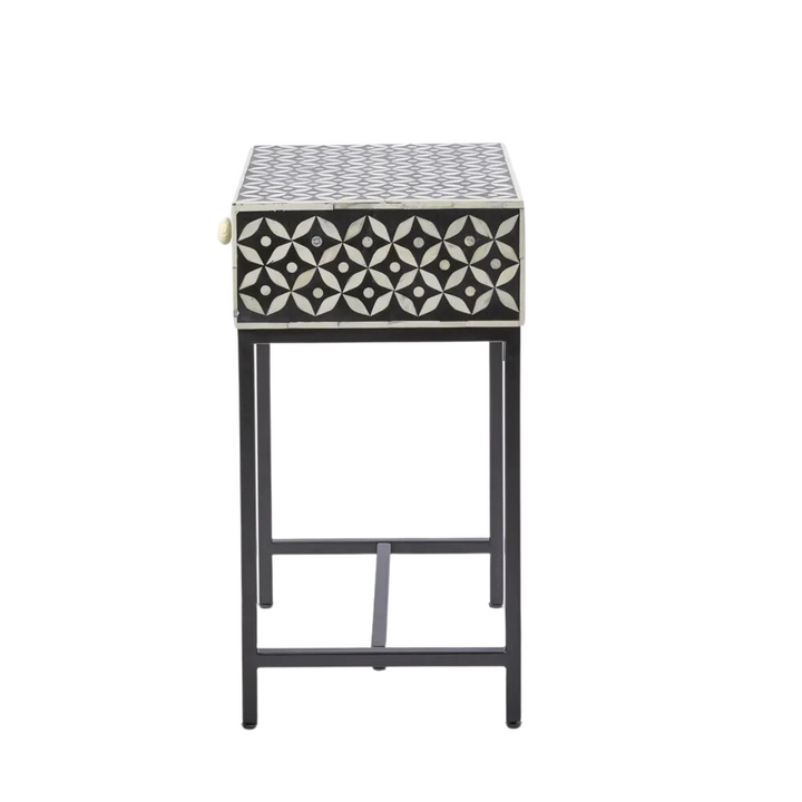 Stella Bone Inlay Bedside Table Black/White/Black Base