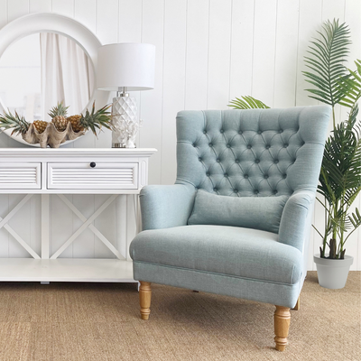 Bayside Pistachio Hamptons Button Tufted Winged Armchair W/Wooden Legs