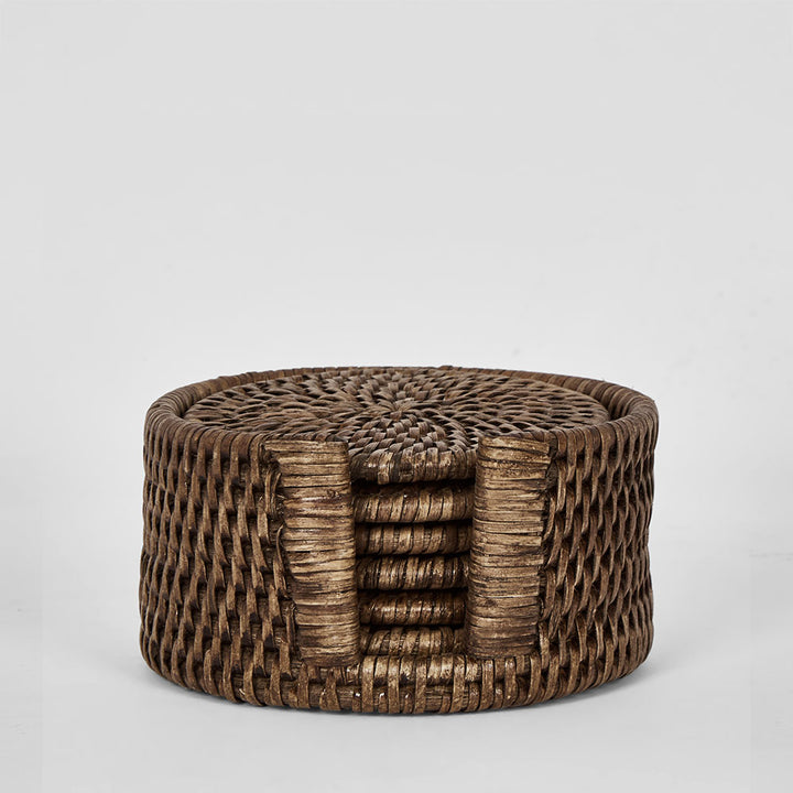 Paume Rattan Round Coaster Set 6 Antique Brown