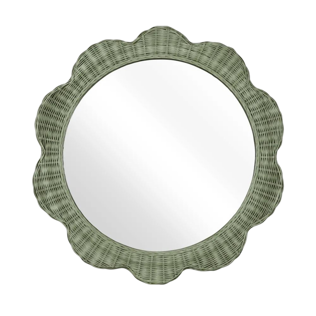 Belle Rattan Scallop Round Mirror Green