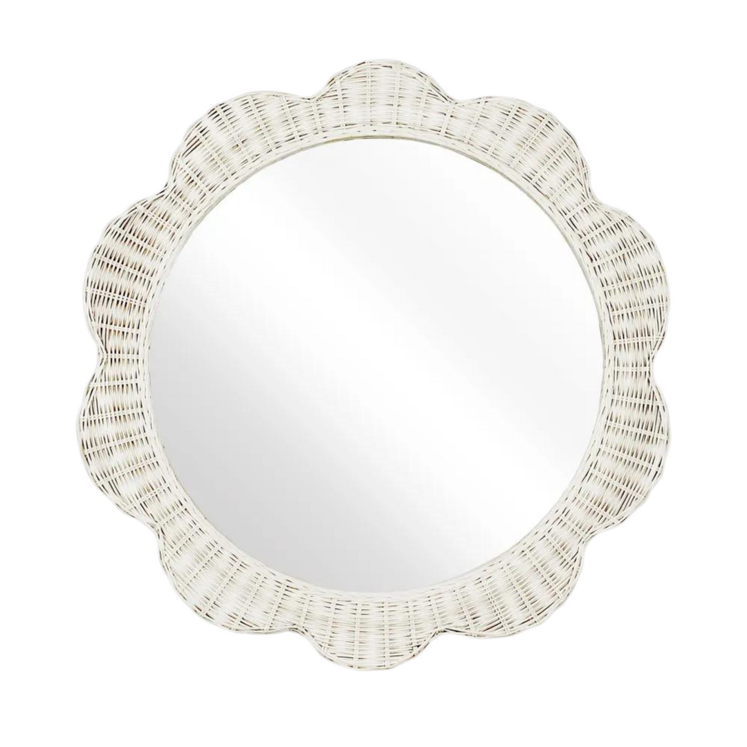 Belle Rattan Scallop Round Mirror White