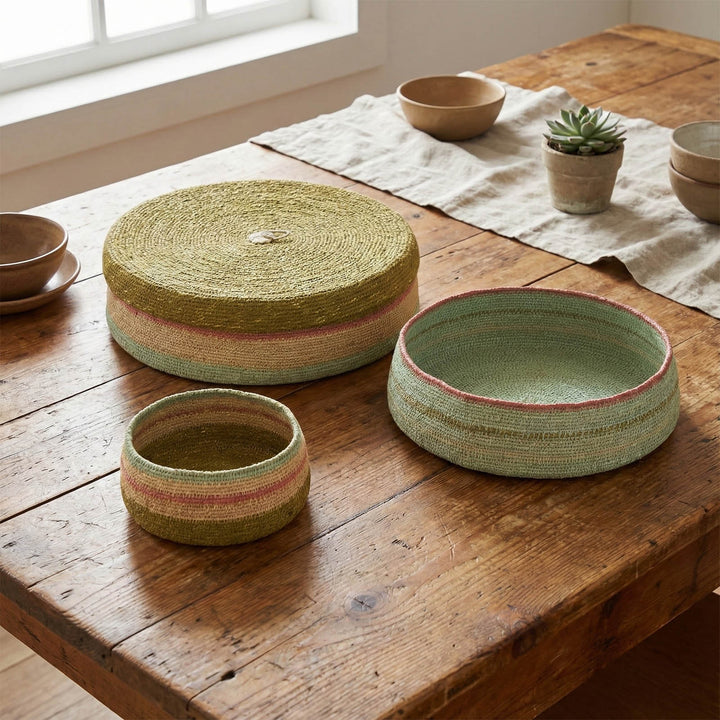 Cina Woven Trays Set 3  Mustard & Blue