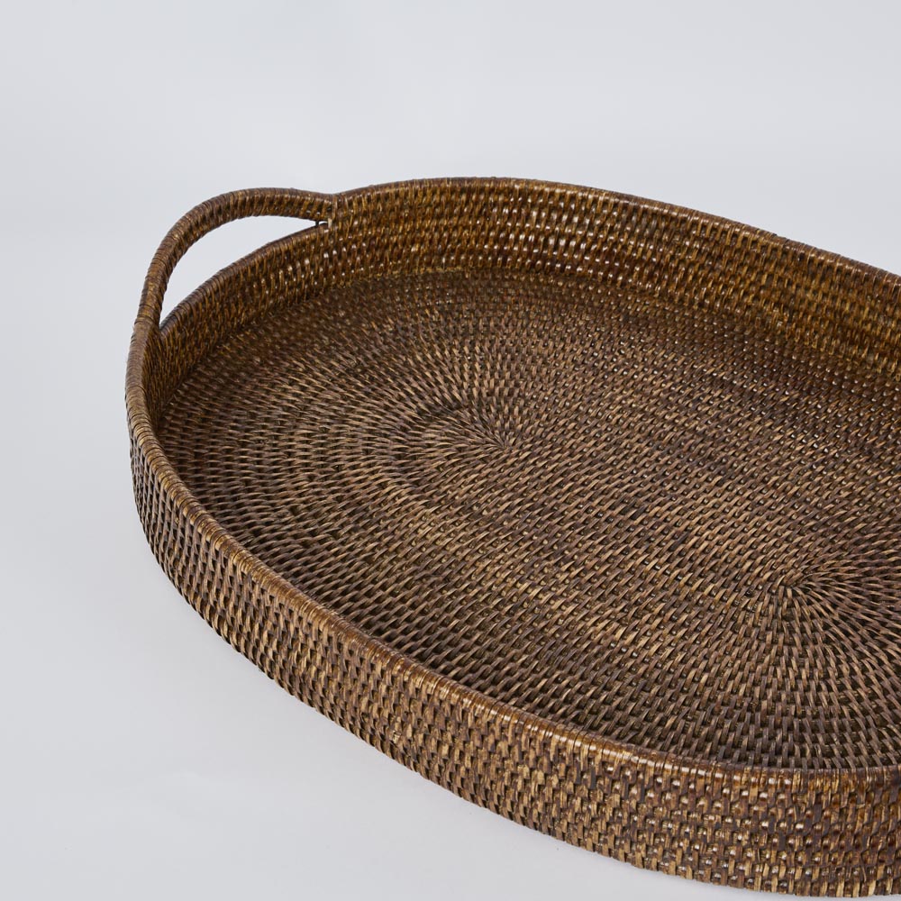Paume Rattan Oval Serving Tray with Handles Antique Brown