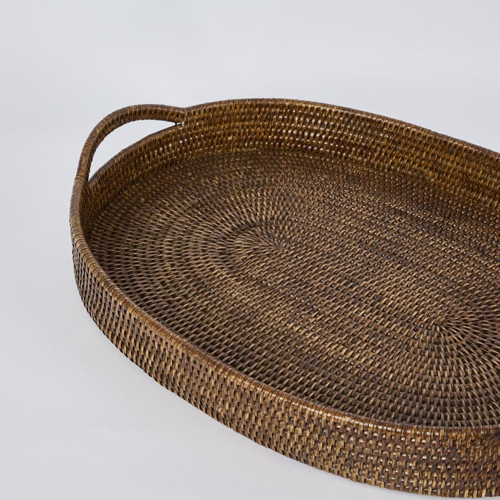 Paume Rattan Oval Serving Tray with Handles Antique Brown
