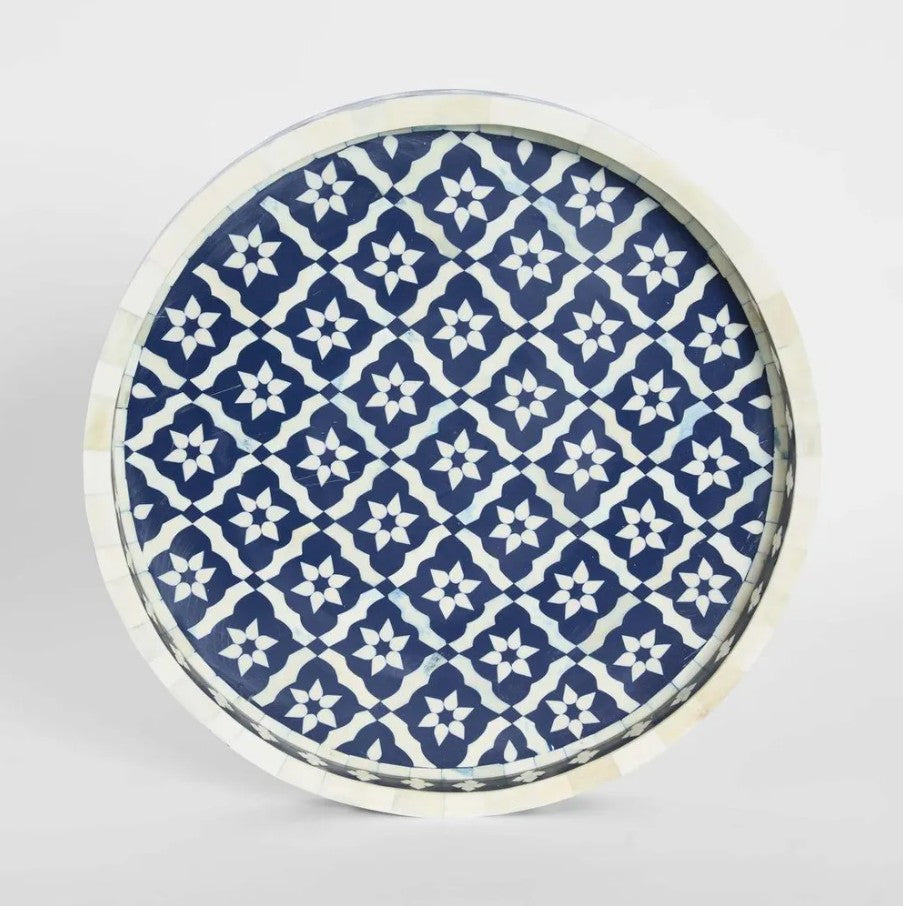 Anaahi Round Bone Inlay Tray Blue/White