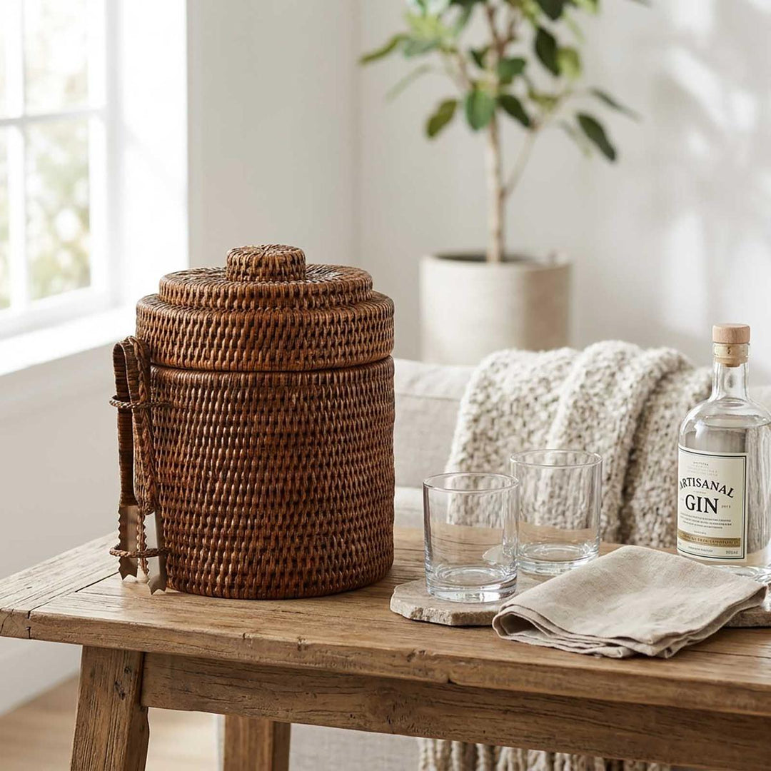 Paume Rattan Ice Bucket w Tong Antique Brown