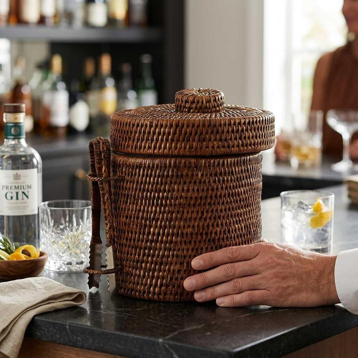 Paume Rattan Ice Bucket w Tong Antique Brown