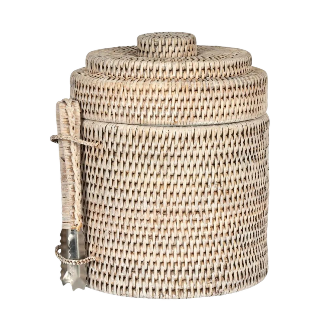 Paume Rattan Ice Bucket w Tong White Wash