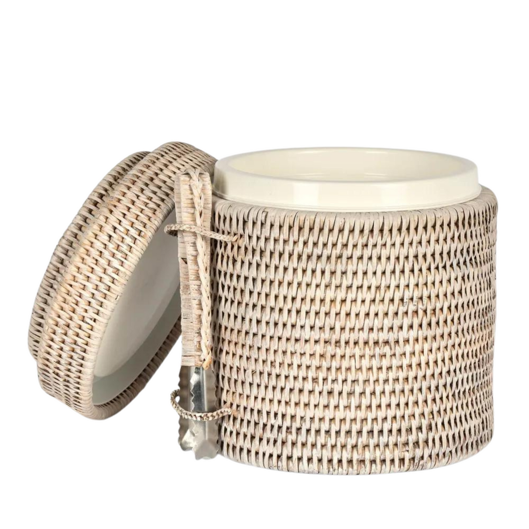 Paume Rattan Ice Bucket w Tong White Wash