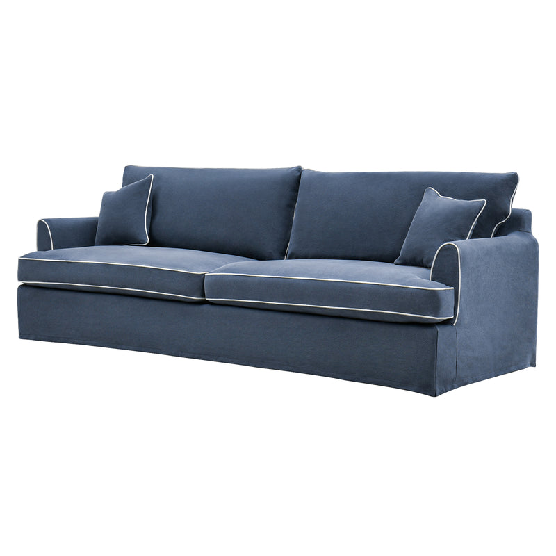 Slip Cover Only - Byron 4 Seat Hamptons Sofa Navy W/White Piping Linen Blend