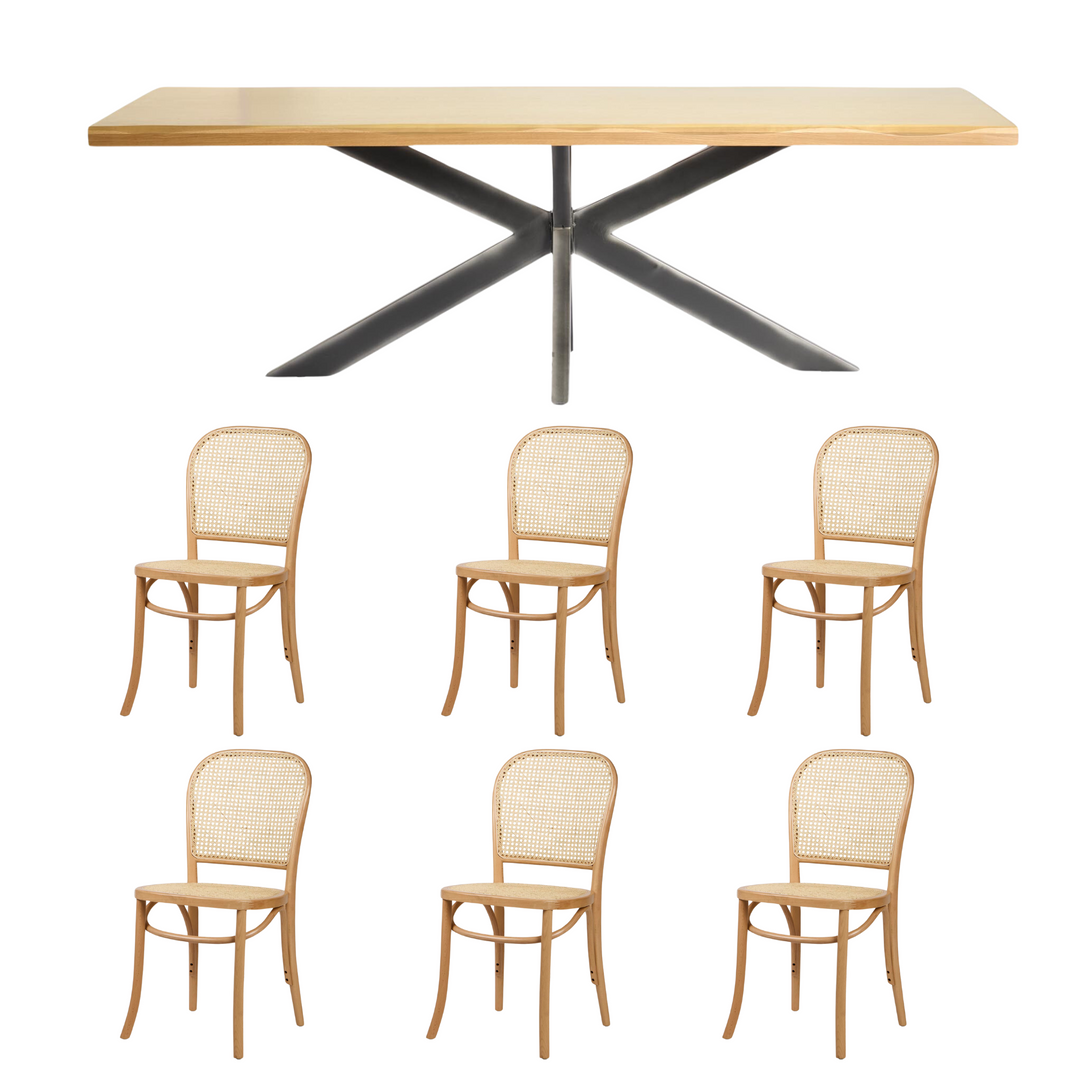 Wainscott 7 Piece Dining Package -  Table Brushed Ash 240cm and 6 x Nook Dining Chairs, Elm Frame Natural Seat