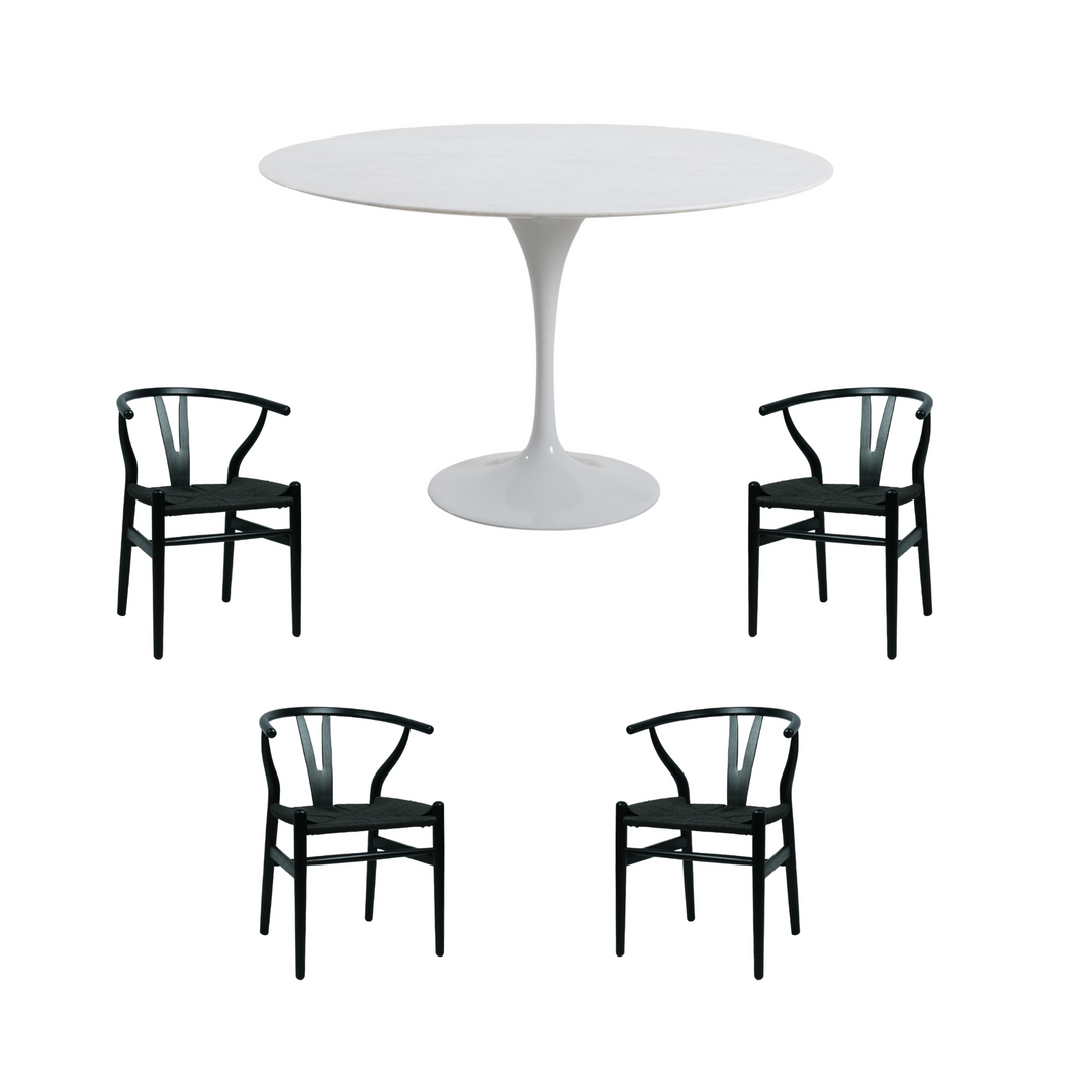 Aurora 5 Piece Dining Package - Round Dining Table Marble White 120cm and 4 x Atlas Black Dining Chairs