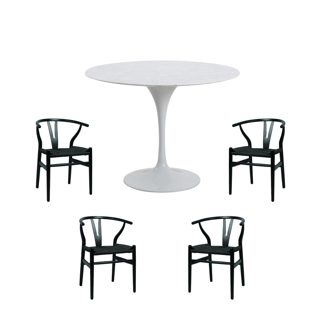 Aurora 5 Piece Dining Package -  Round Dining Table Marble White 100cm and 4 x Atlas Black Dining Chairs