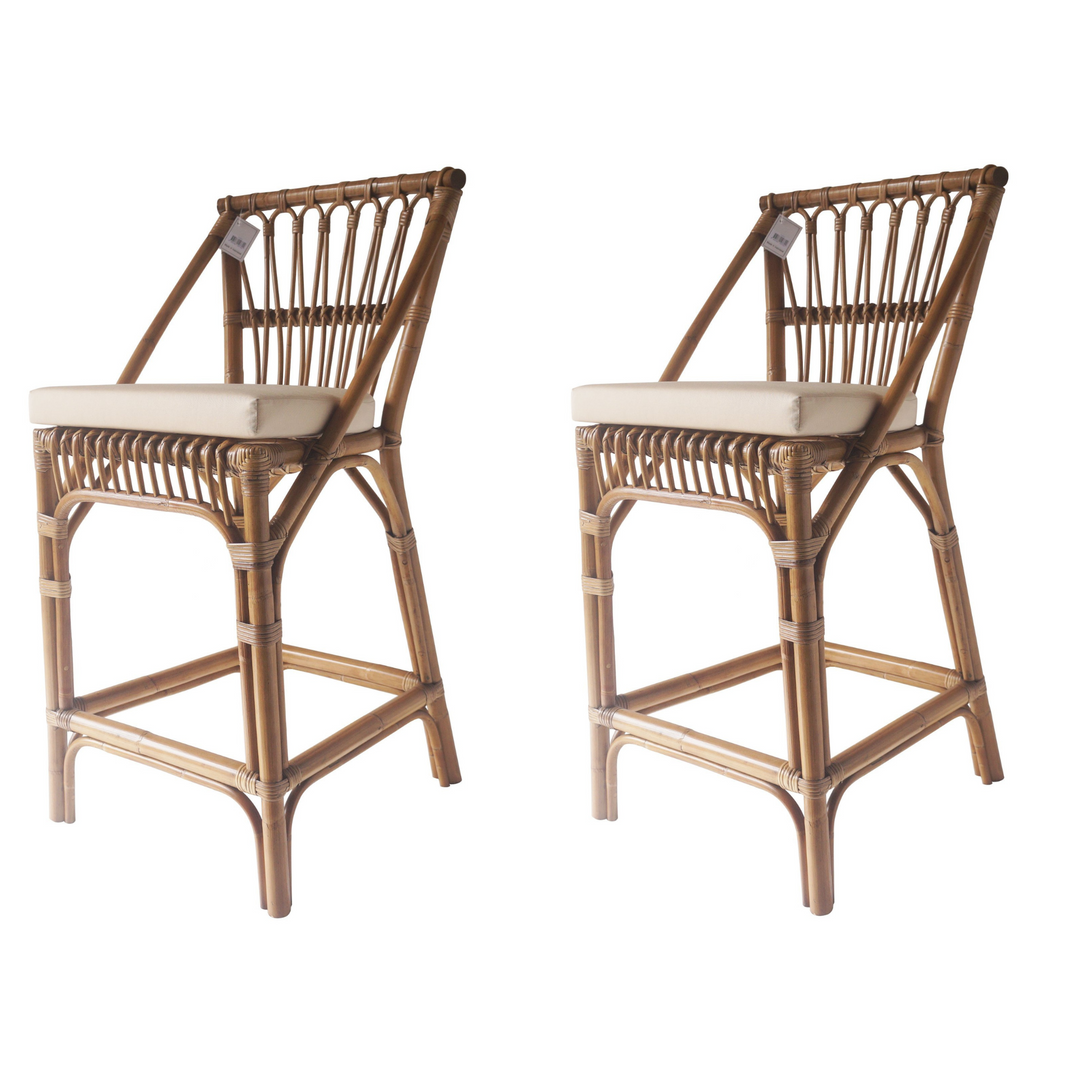 Cayman Rattan Hamptons Barstool Natural W/Beige Cushions & Footrest