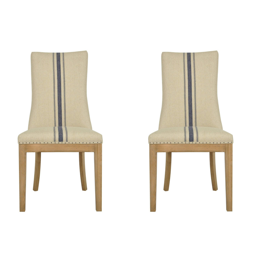 Oakwood Hamptons Linen Dining Chair Natural/Blue Stripe W/ Studs