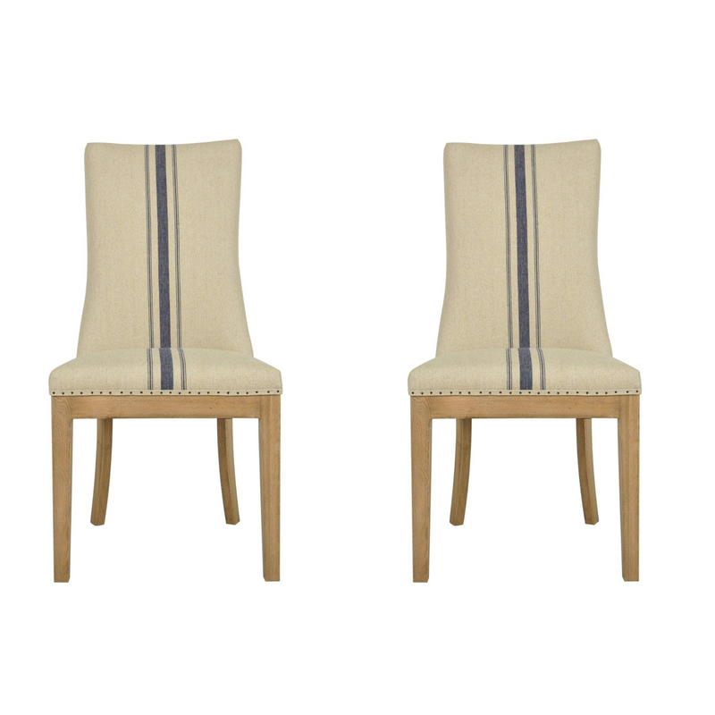 Oakwood Hamptons Linen Dining Chair Natural/Blue Stripe W/ Studs