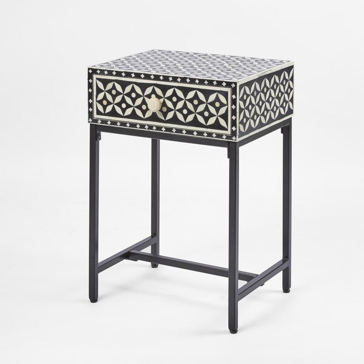 Stella Bone Inlay Bedside Table Black/White/Black Base