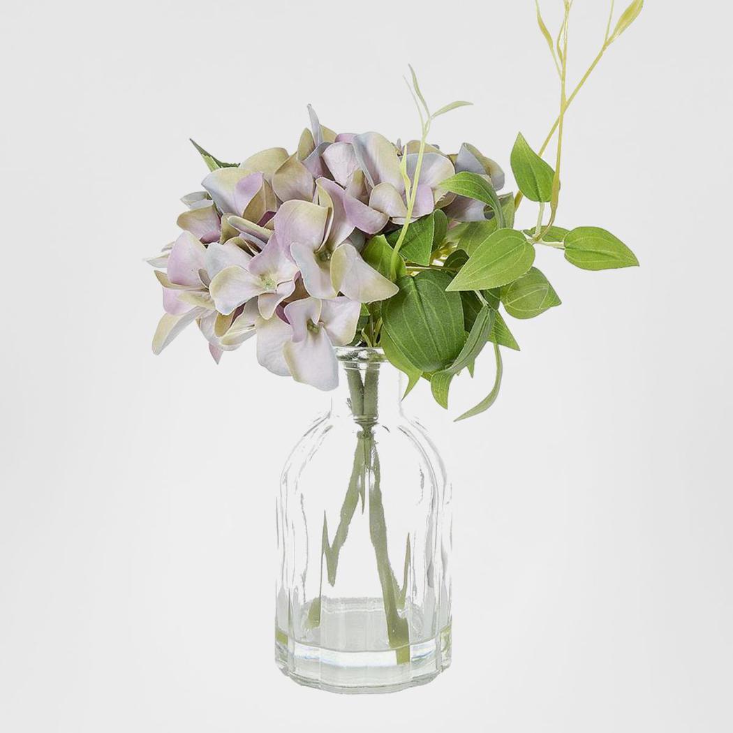 Hydrangea in Glass Vase Blue Lav 23cm