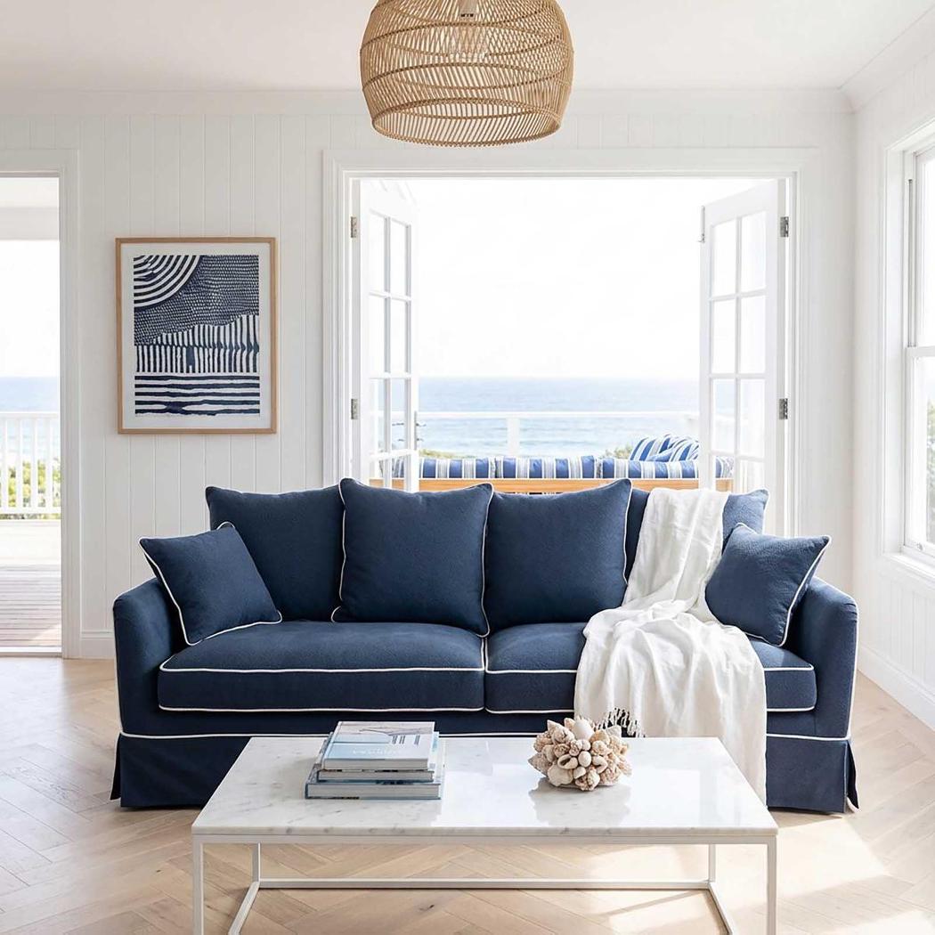 Noosa Hamptons 3 Seat Sofa Navy W/White Piping